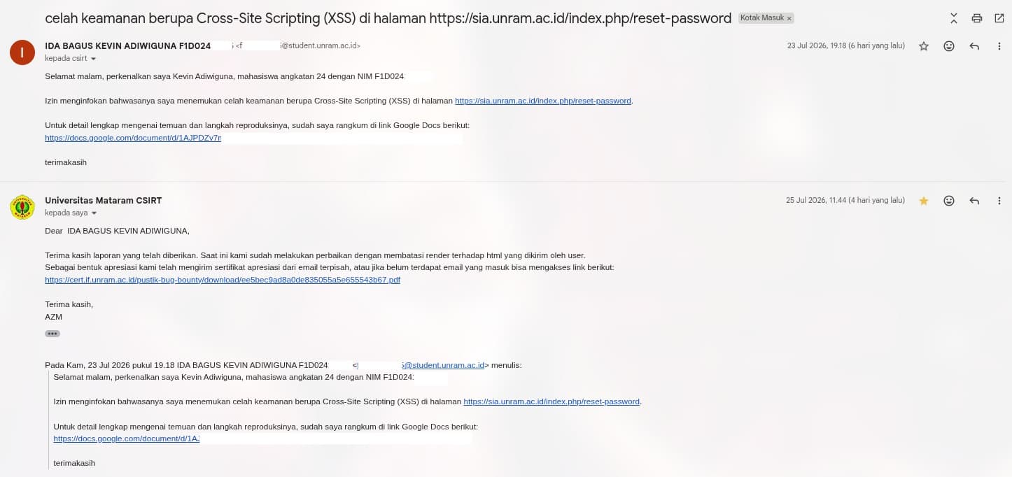 Dari Coba-Coba Injeksi Payload XSS di SIA UNRAM Sampai Diberi Apresiasi Resmi